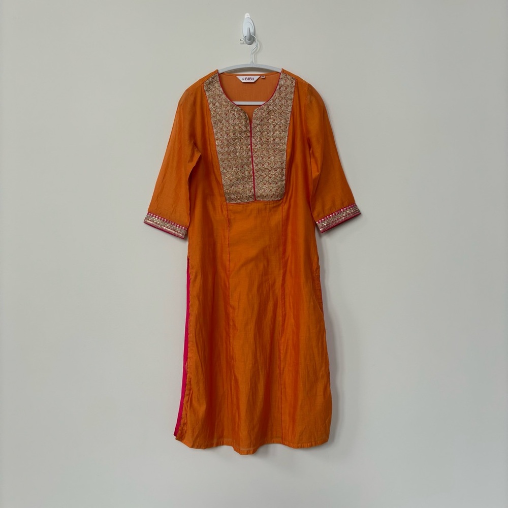 Orange and Pink Silk Set with Kurta, Pant, and Dupatta